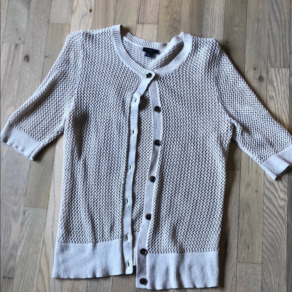 Cream Cardigan Sweater with Waffle Knit and Ribbed Trim